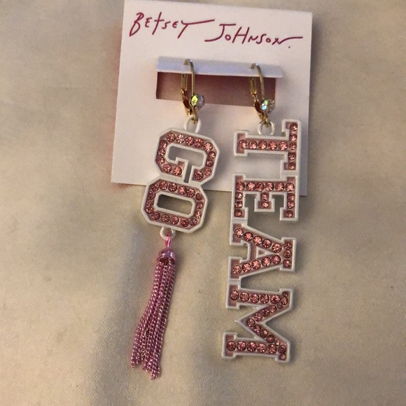 Betsey Johnson Go Team Mismatch Drop Earrings Pink Crystal & Tassel NWT - Picture 6 of 13